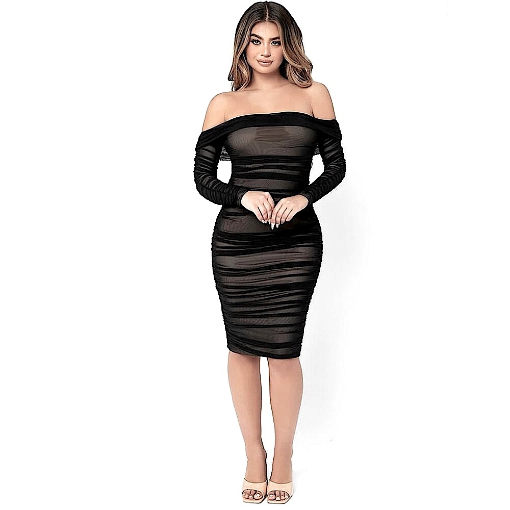 SHEIN Black SXY Off Shoulder Ruched Mesh Bodycon Dress, Women’s Size Small (4).